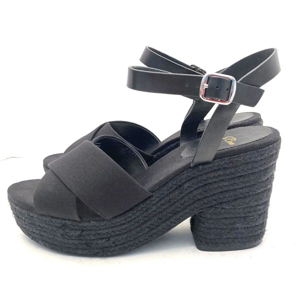 J.Crew Platform Sandals Womens 9.5‎ Black Espadrille High Heel Fabric Leather